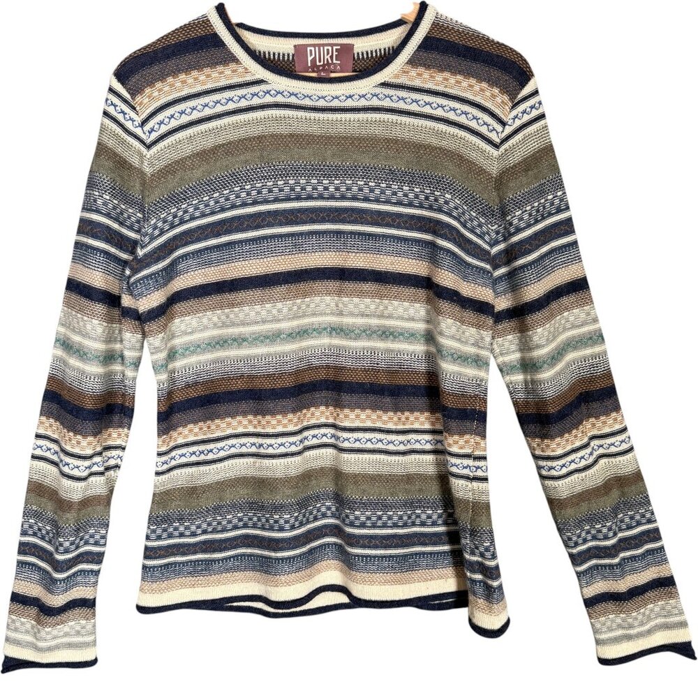 Pure Alpaca 100% Baby Alpaca Knit Striped Sweater Earthy Geometric Peruvian  L
